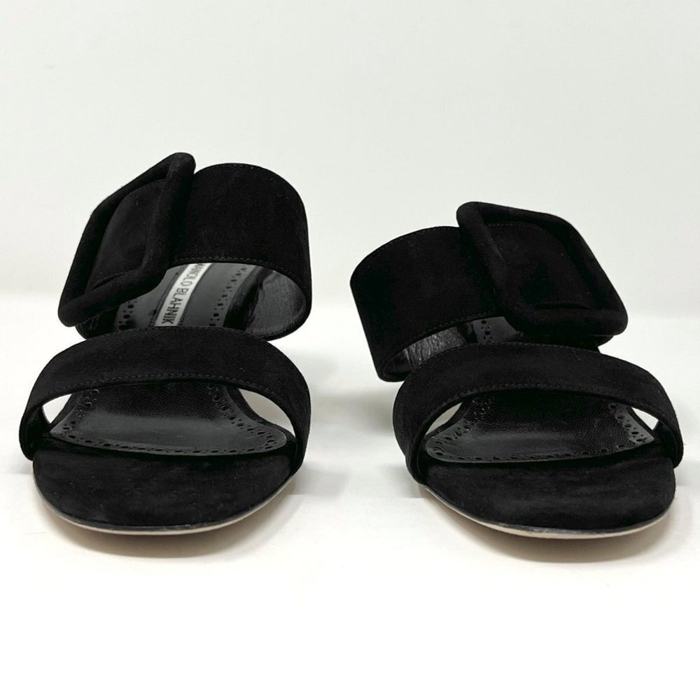 Manolo Blahnik Black Suede Buckle Mules Block Heel 50mm 38 - Picture 4 of 10